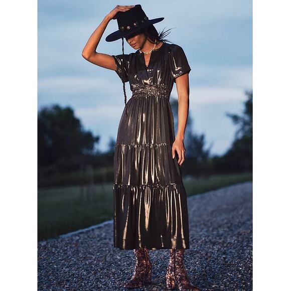 Anthropologie Dresses & Skirts - Anthropologie The Somerset Metallic Short Sleeve Tiered Maxi Dress Silver XL